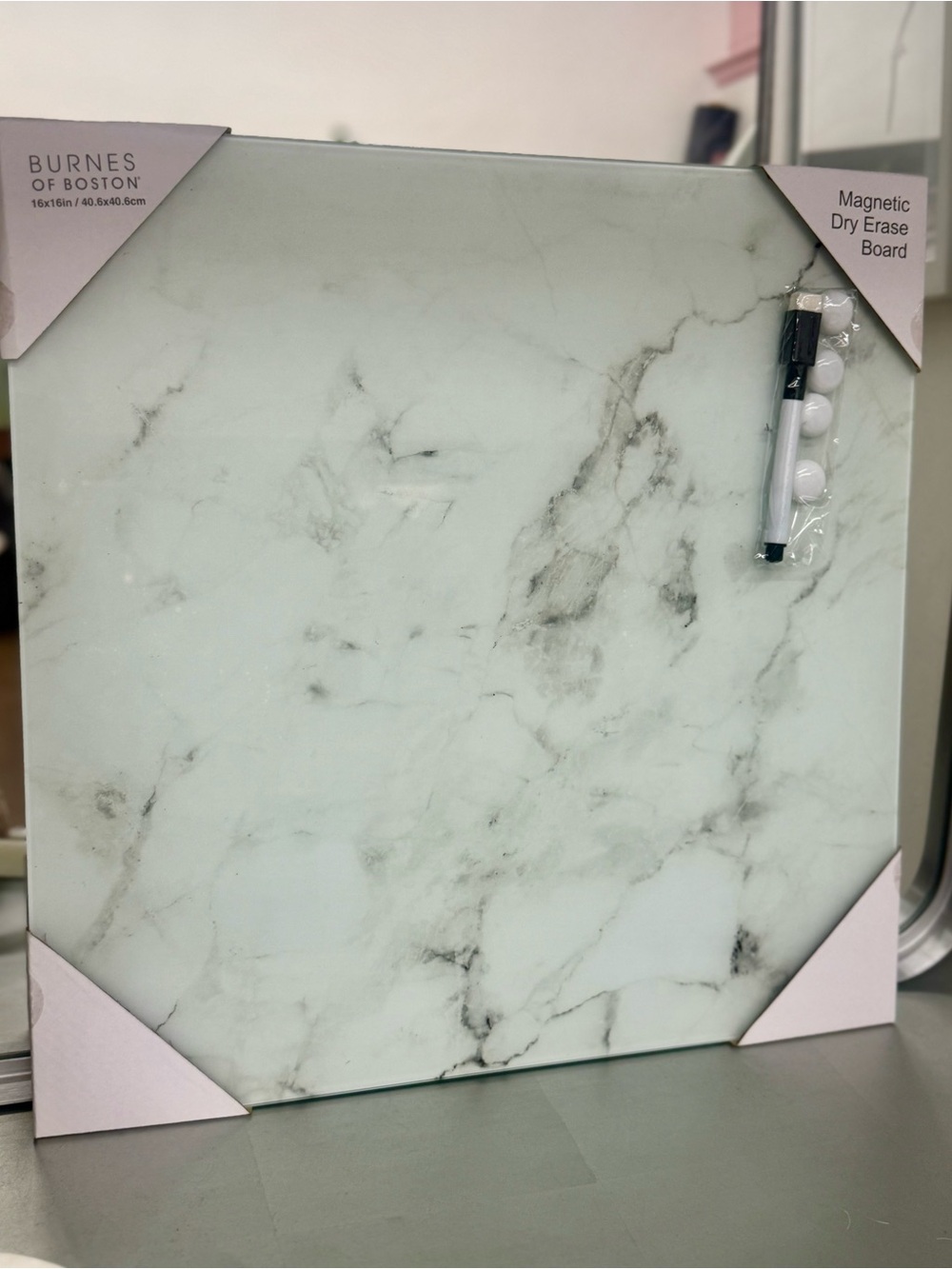 16”x16” magnetic glass White faux Marble Magnetic Dry Erase Board